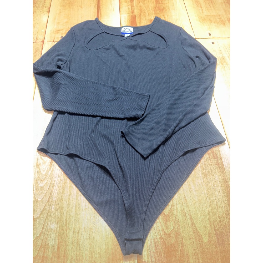 Future Collective‎ Black Cutout Long Sleeve Ribbed Bodysuit Plus Size 1X